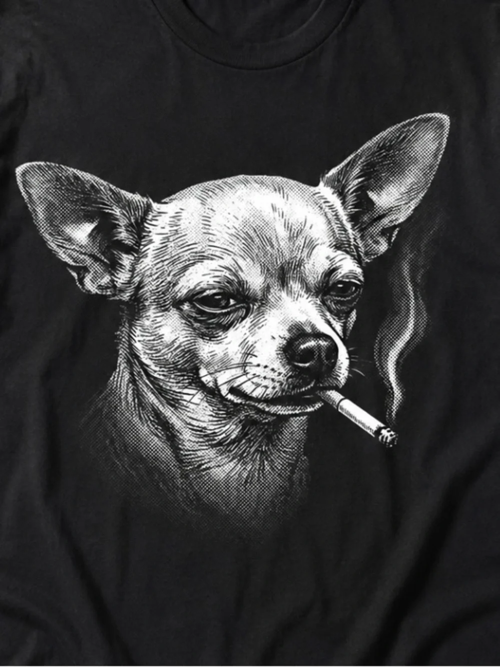 Gildan Black Tee with White Smoking Chihuahua Illustration